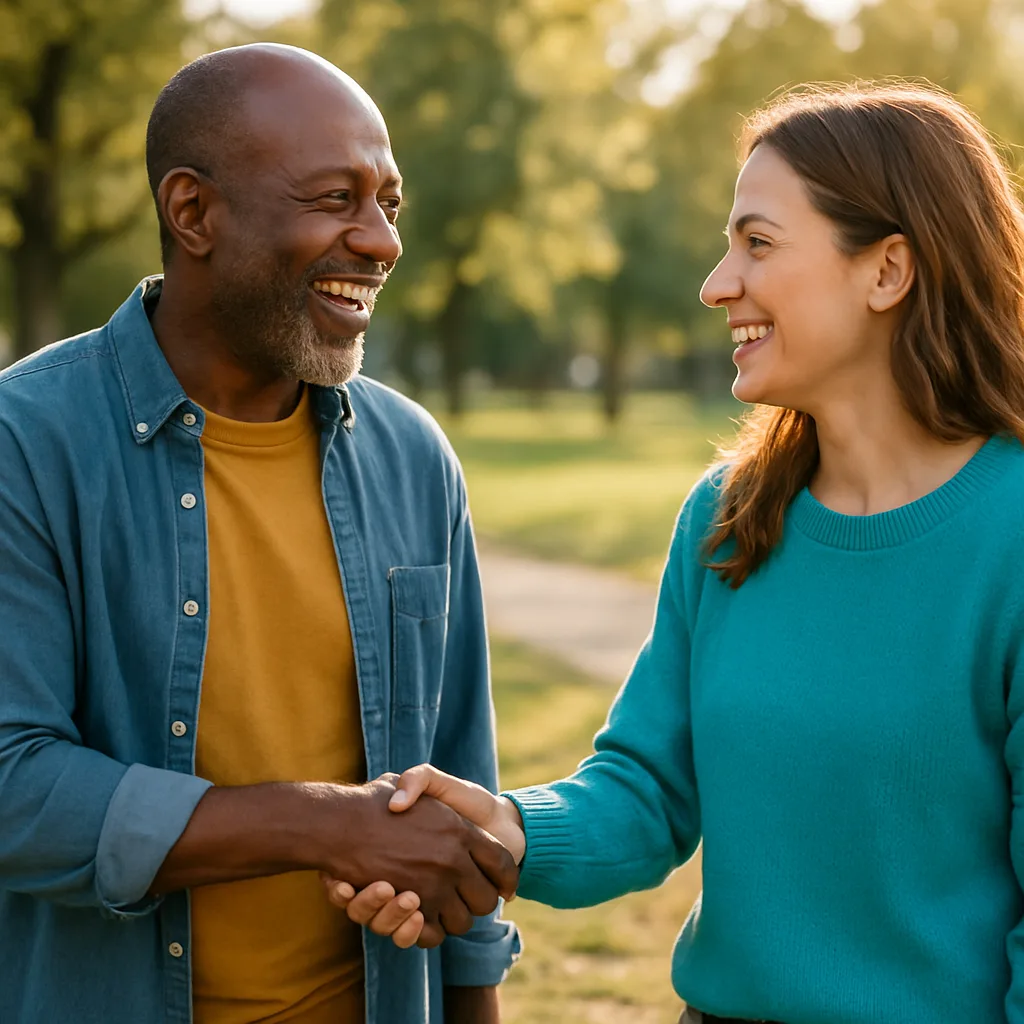 Two people meeting at a local park — genuinely local Merseyside dating