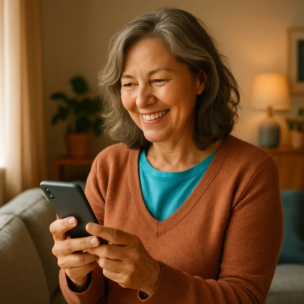 Smiling woman confidently checking her phone — verified profiles on The Merseyside Dating Site